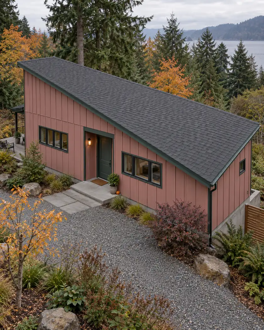 Dusty-rose contemporary house with a long charcoal shingle roof and green fascia.