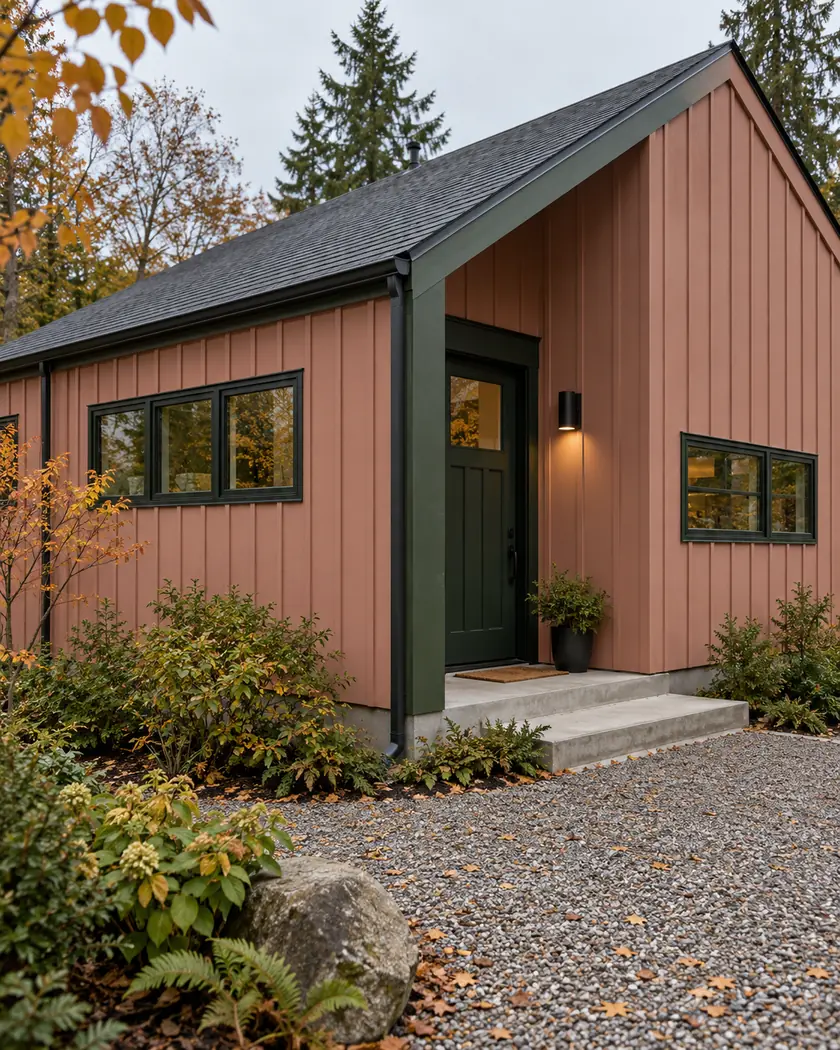 Dusty-rose vertical board-and-batten wall with green corner trim beside a garden.
