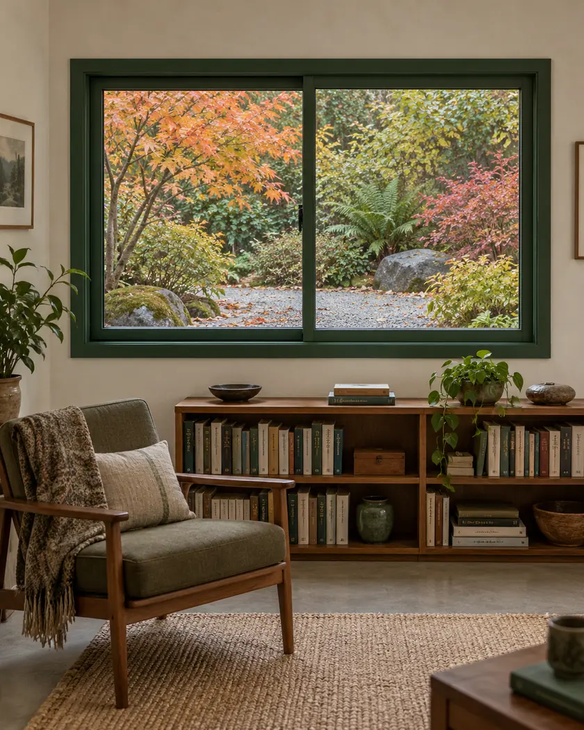 Green-framed horizontal sliding window in a light reading room overlooking a gravel garden.