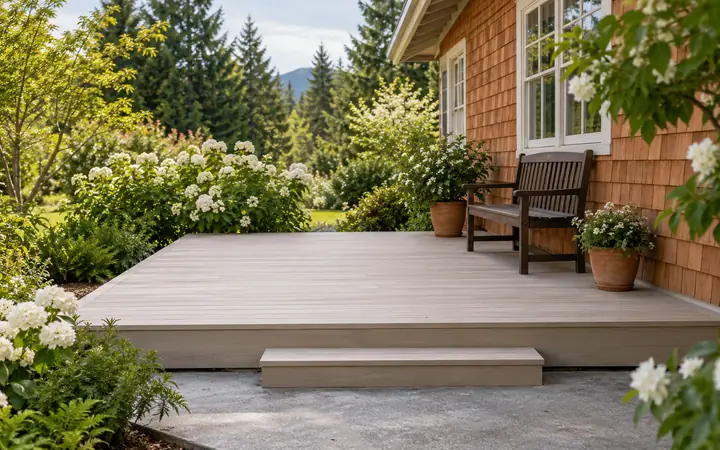 Low pale wooden deck beside a terracotta cottage, a dark-brown bench and white flowers.