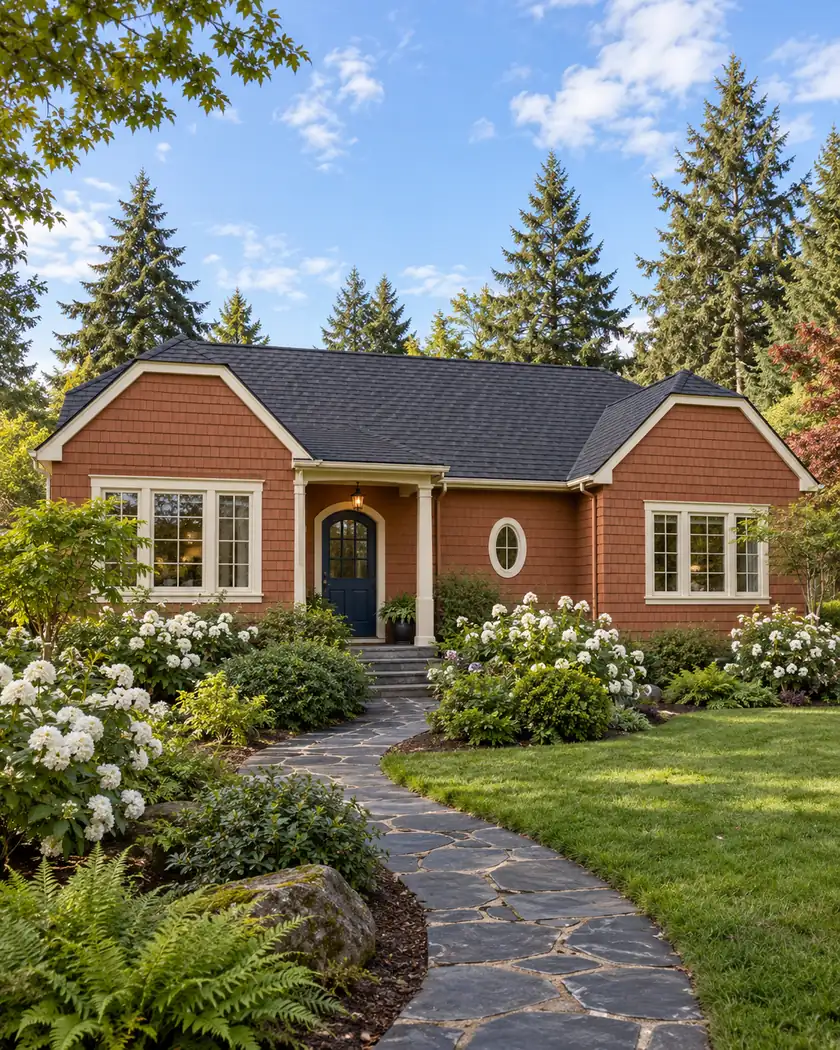 Terracotta cottage with clipped charcoal gables, cream window trim, a navy arched entry and white flowers.