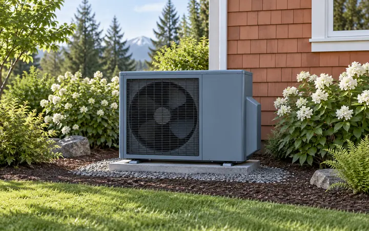 Blue-gray side-discharge outdoor heat-pump unit with one round front fan beside a terracotta wall.