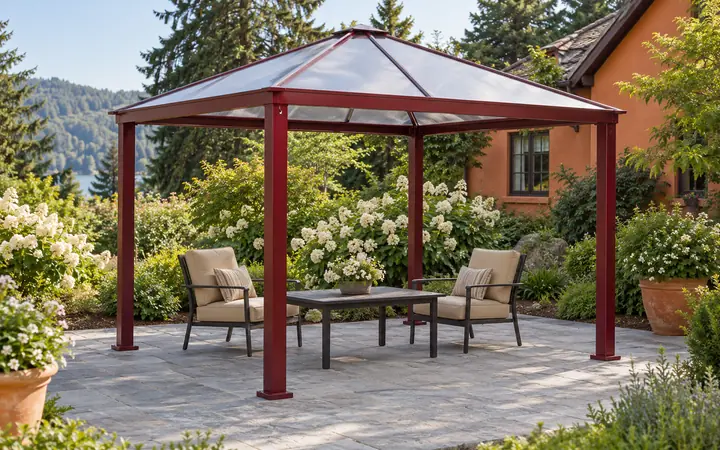 Burgundy freestanding patio cover with a translucent hipped roof above simple garden chairs.