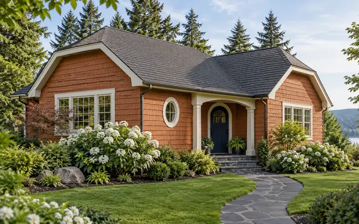 Terracotta cottage with clipped charcoal roof slopes above cream trim and white flowering plants.