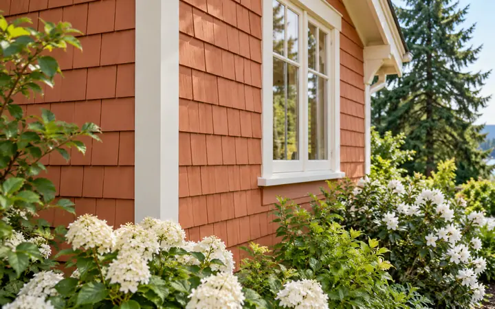 Terracotta exterior wall with cream corner trim and white flowers beside a cottage window.