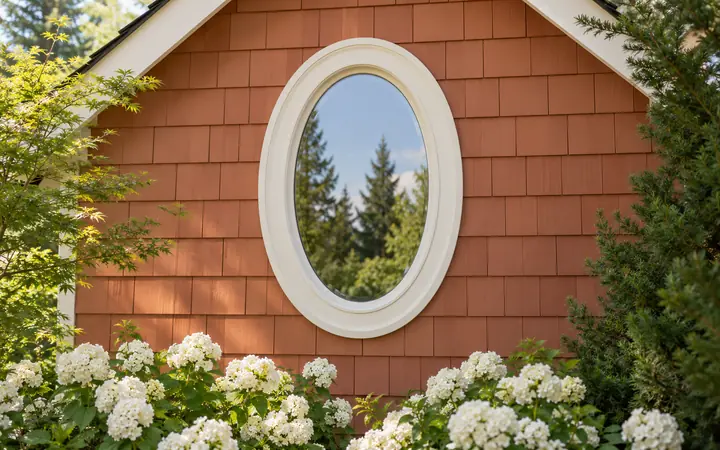 Cream-framed oval window in a terracotta wall above white flowering shrubs.