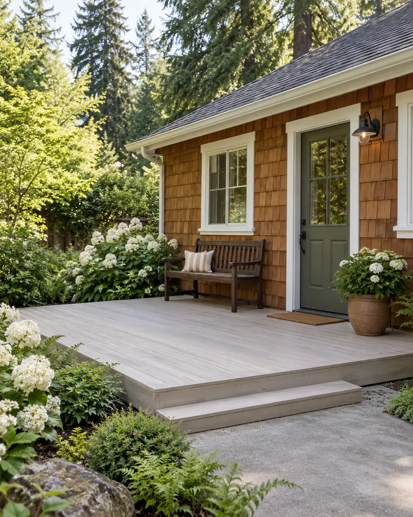 Low pale wooden deck beside a terracotta cottage, a dark-brown bench and white flowers.