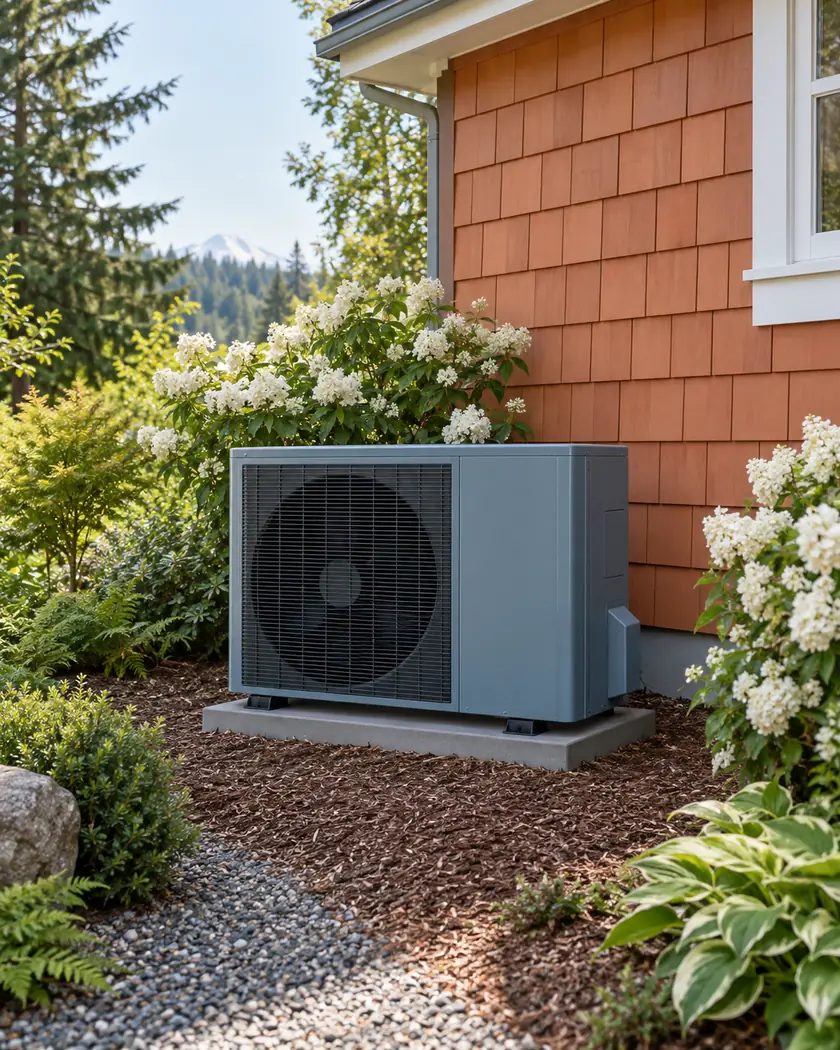 Blue-gray side-discharge outdoor heat-pump unit with one round front fan beside a terracotta wall.