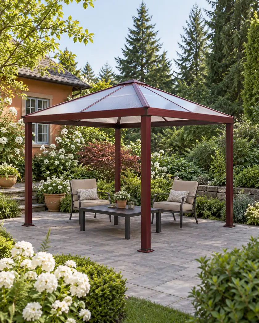 Burgundy freestanding patio cover with a translucent hipped roof above simple garden chairs.