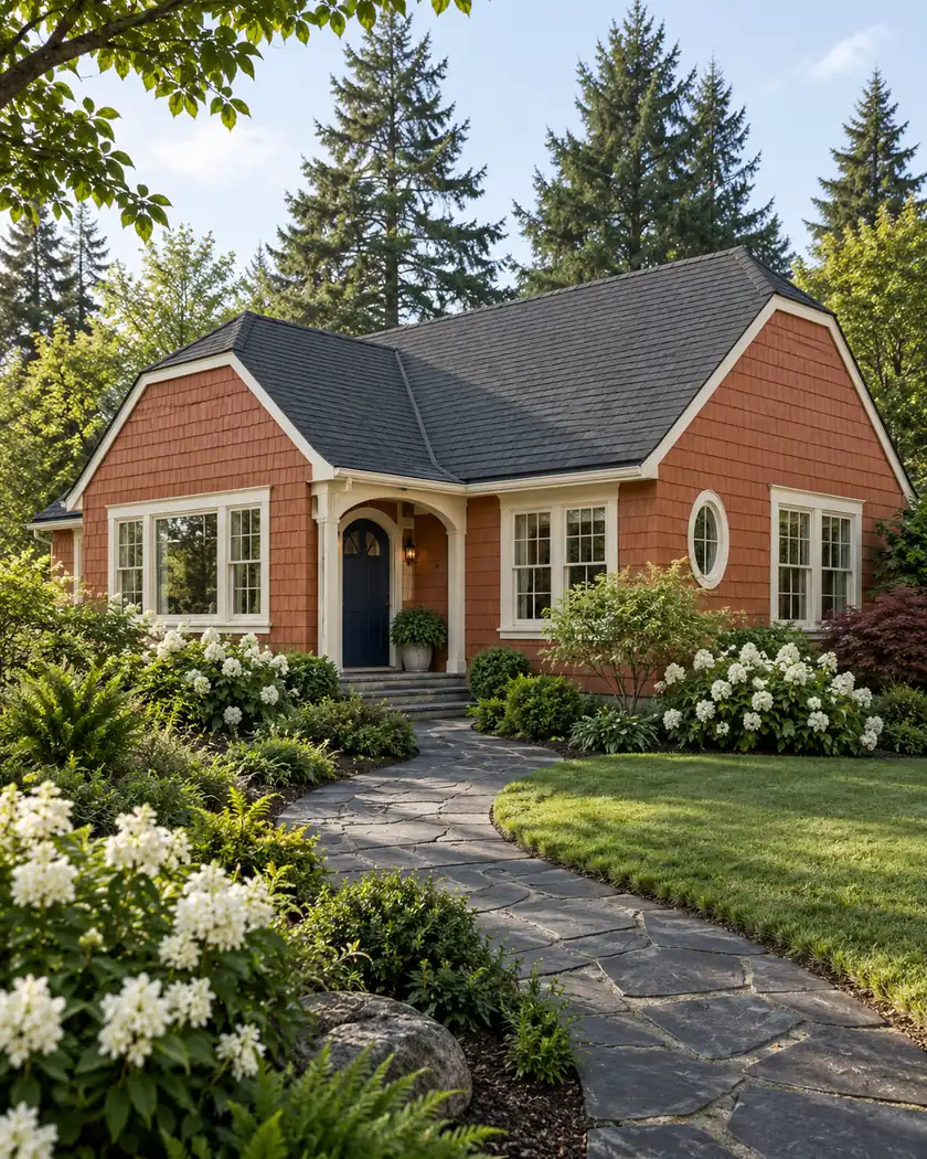 Terracotta cottage with clipped charcoal roof slopes above cream trim and white flowering plants.