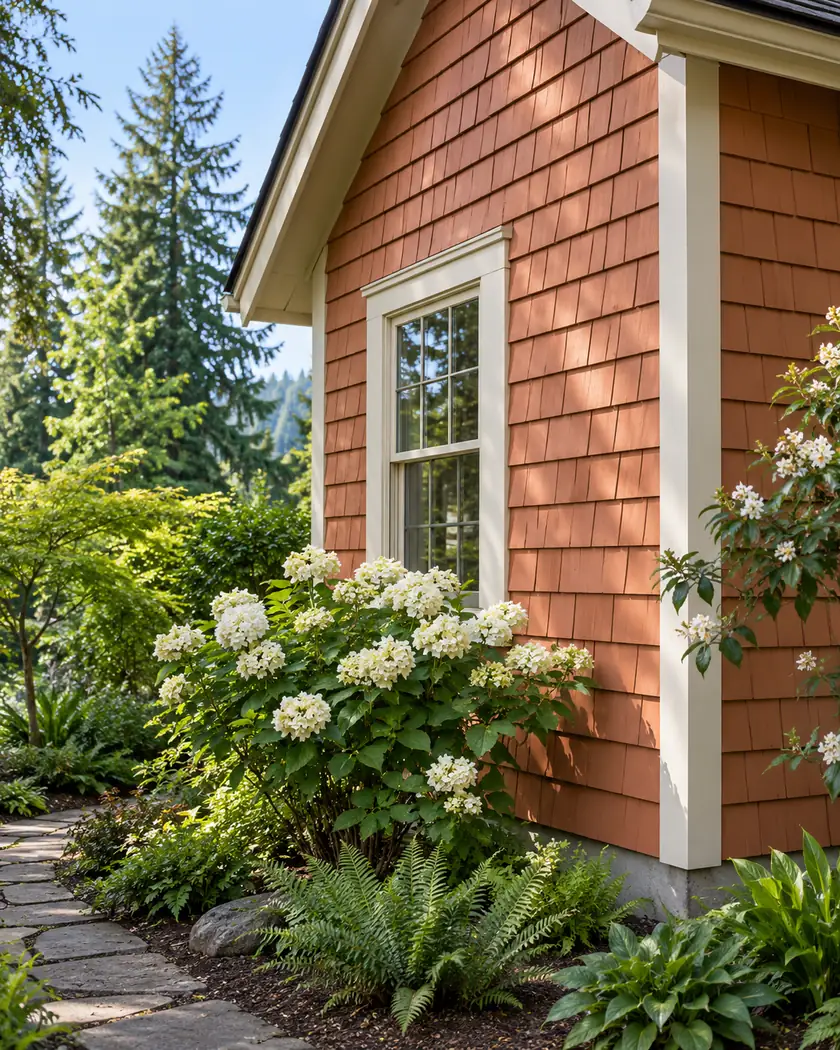Terracotta exterior wall with cream corner trim and white flowers beside a cottage window.