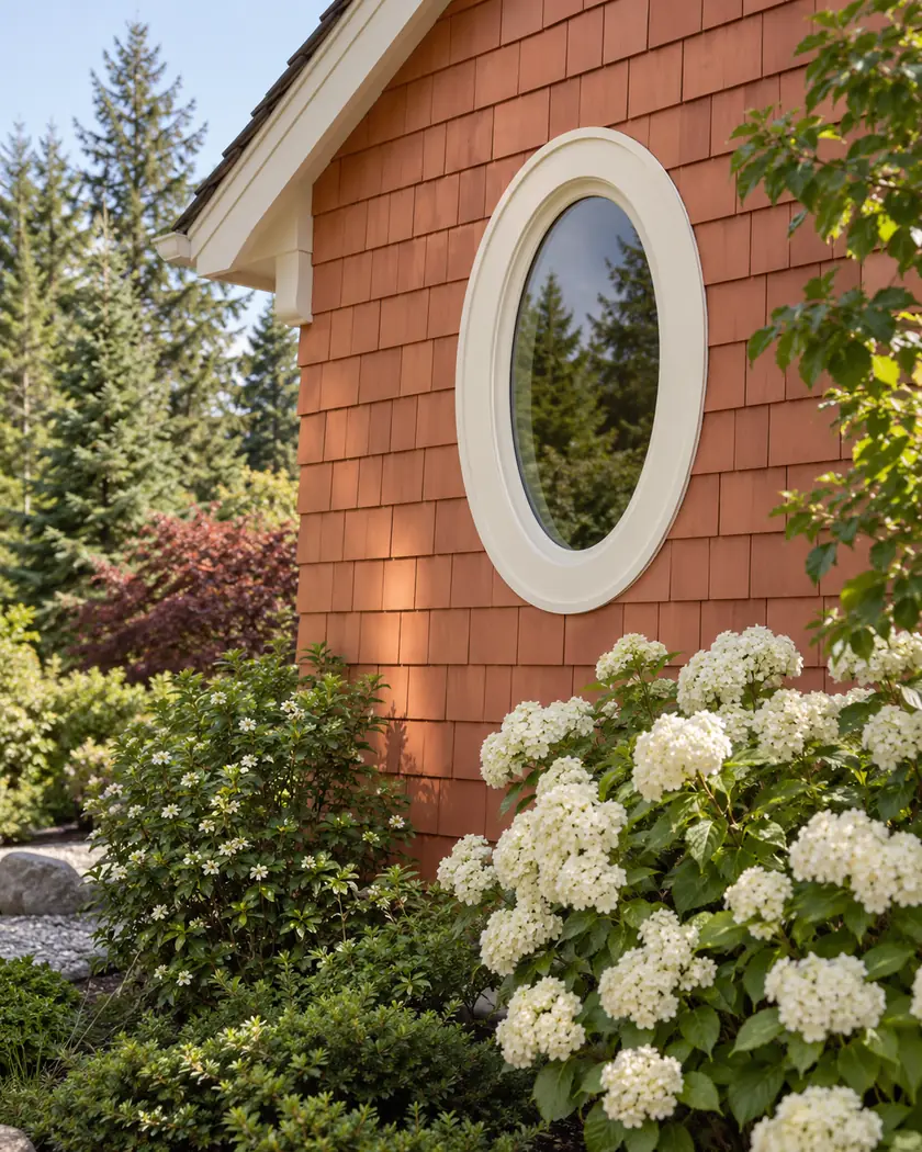 Cream-framed oval window in a terracotta wall above white flowering shrubs.