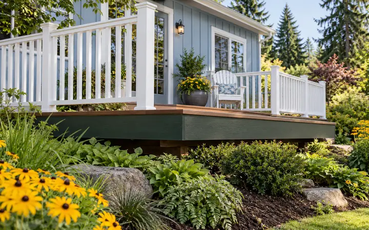 Raised walnut-toned deck with dark-green perimeter trim and white vertical railing beside a blue house.
