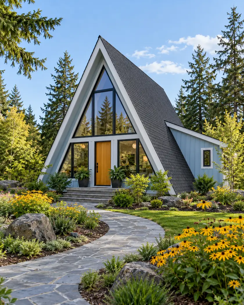 Powder-blue A-frame house with a steep charcoal roof, amber entry door and yellow garden flowers.