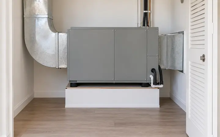 Gray horizontal indoor HVAC cabinet on a low platform in a tidy utility space.