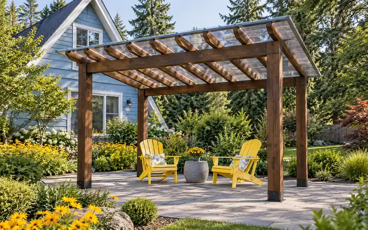 Dark timber garden cover with a clear sloped roof near a powder-blue house and yellow flowers.