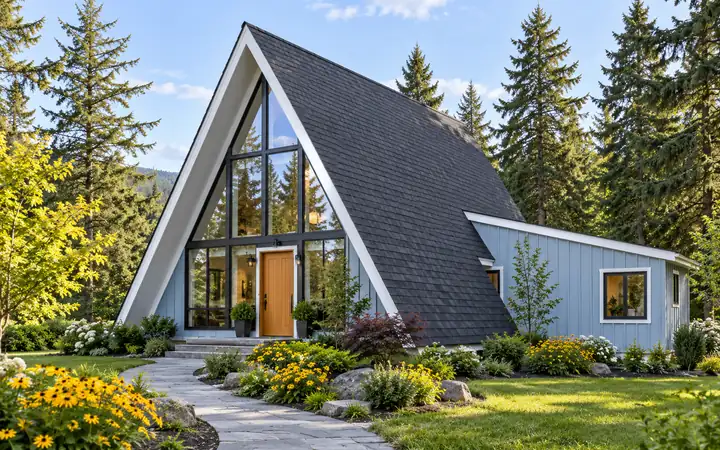 Steep charcoal roof on a powder-blue A-frame house above yellow flowering plants.