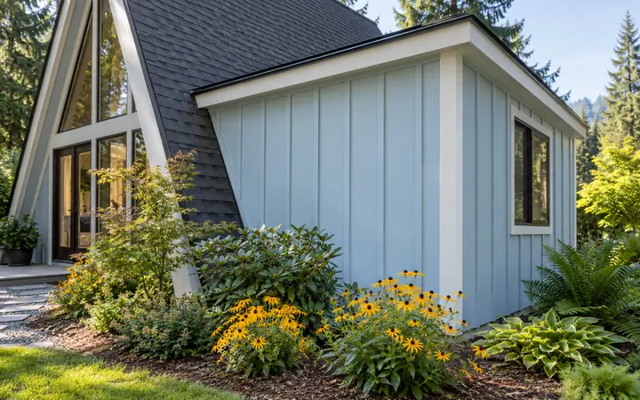 Powder-blue vertical board-and-batten siding with white trim and yellow garden flowers.