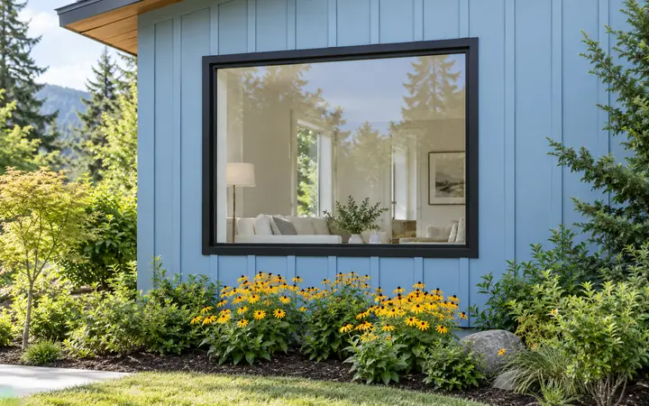 Black-framed window set into powder-blue exterior boards beside yellow flowers.