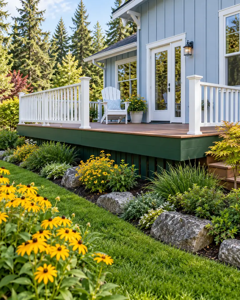 Raised walnut-toned deck with dark-green perimeter trim and white vertical railing beside a blue house.
