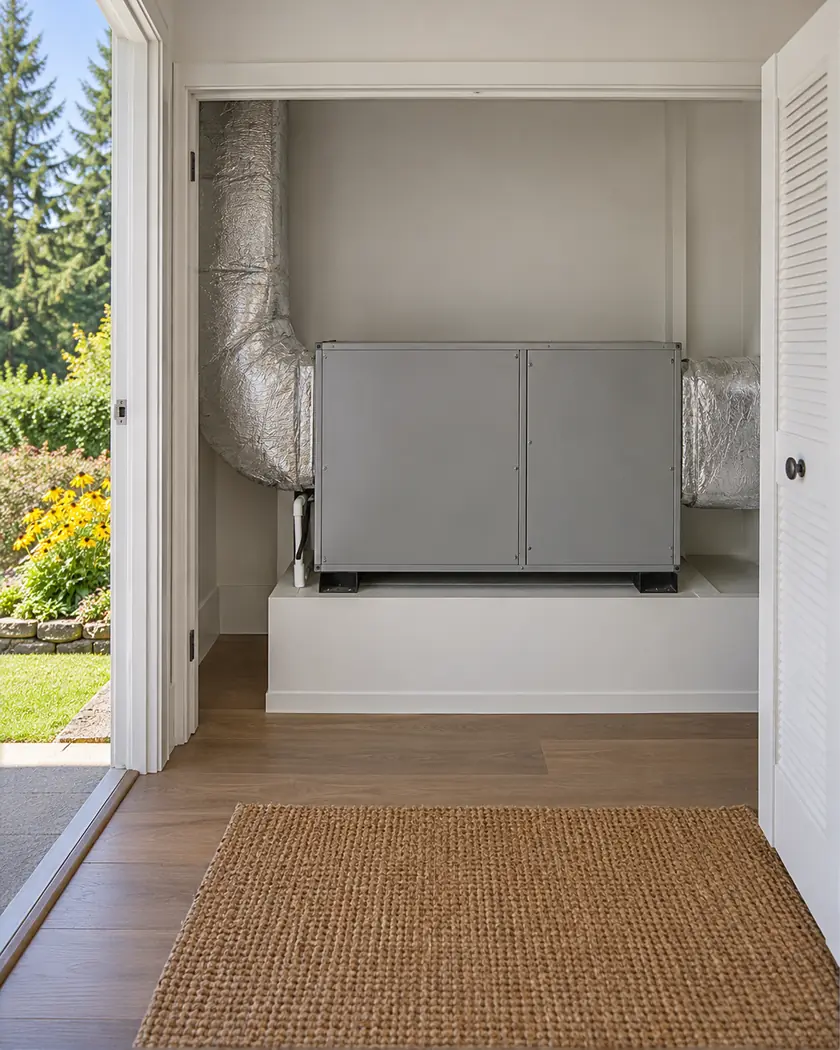 Gray horizontal indoor HVAC cabinet on a low platform in a tidy utility space.