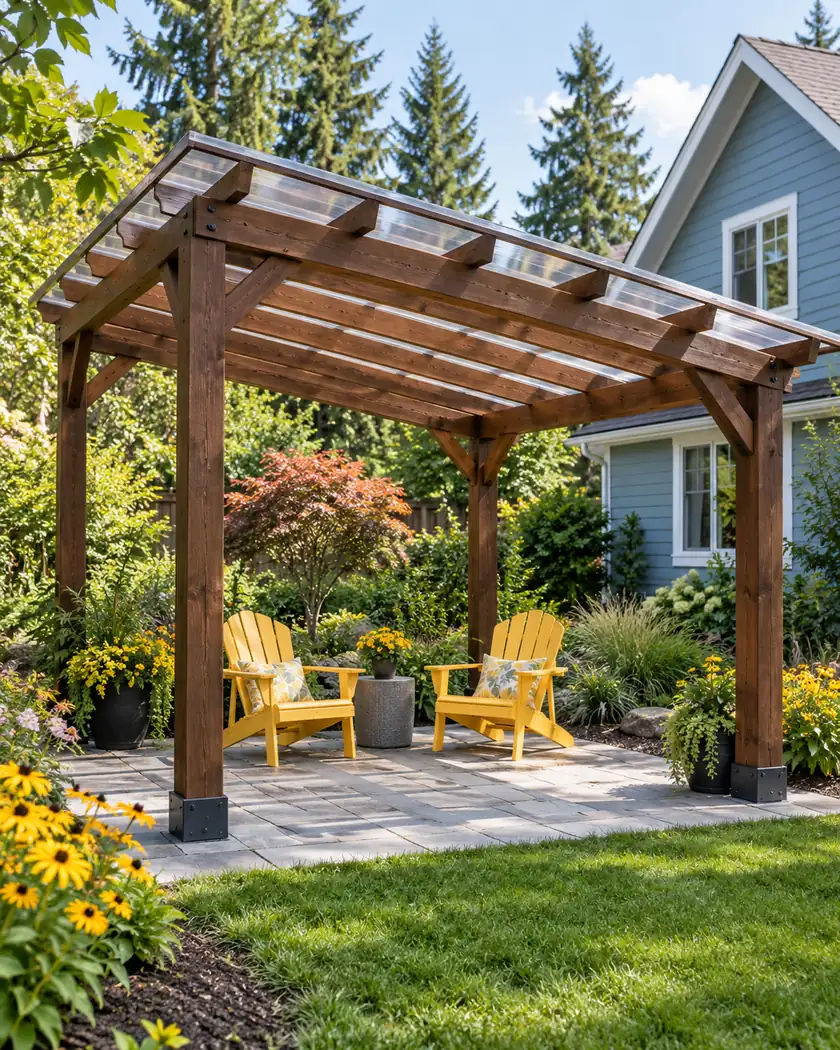 Dark timber garden cover with a clear sloped roof near a powder-blue house and yellow flowers.