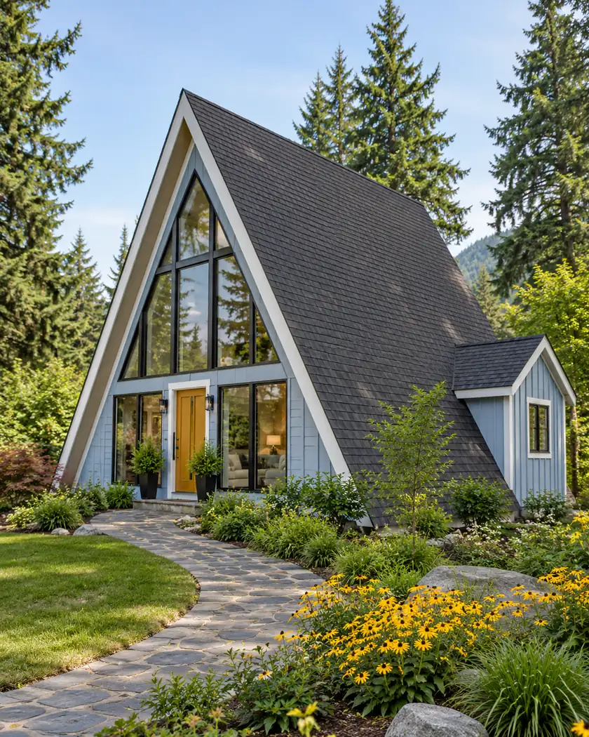 Steep charcoal roof on a powder-blue A-frame house above yellow flowering plants.