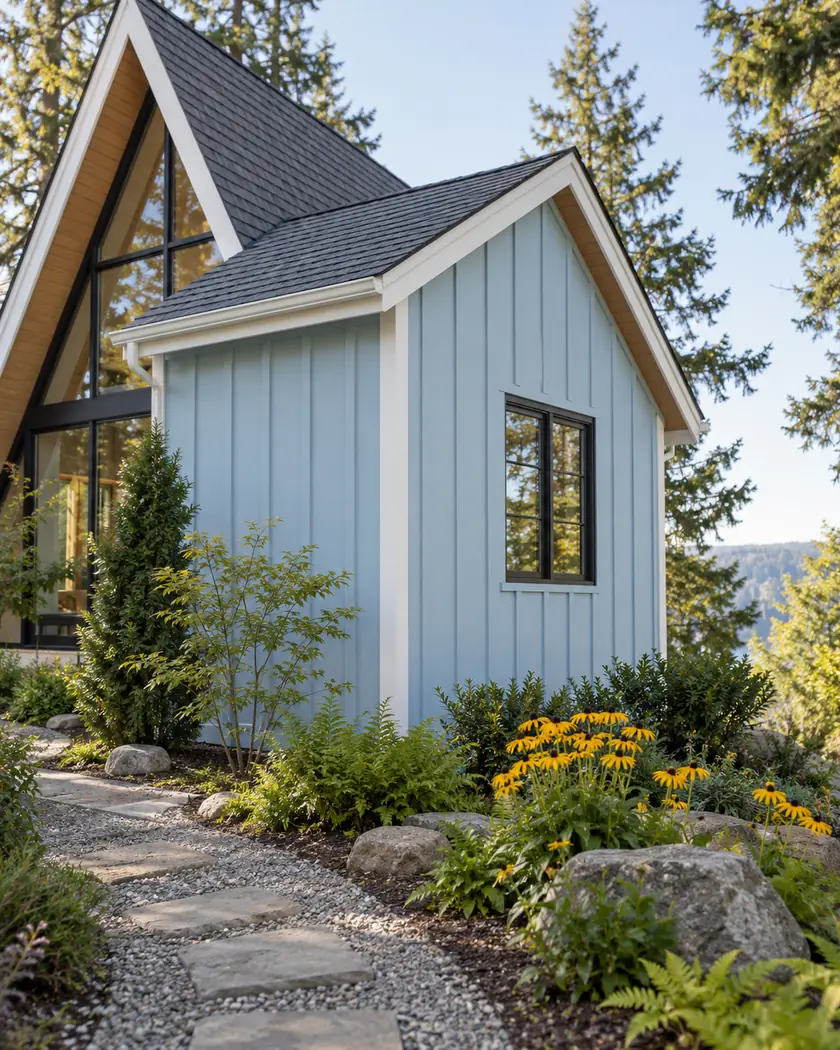 Powder-blue vertical board-and-batten siding with white trim and yellow garden flowers.