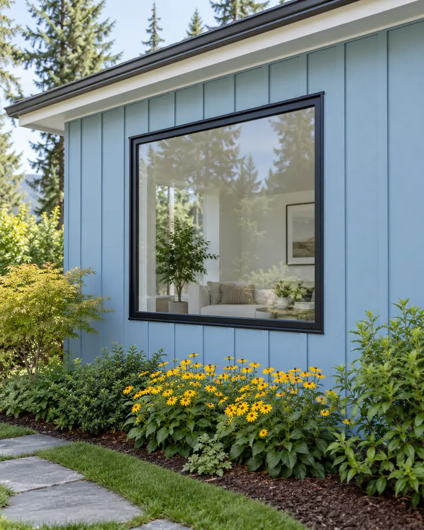 Black-framed window set into powder-blue exterior boards beside yellow flowers.