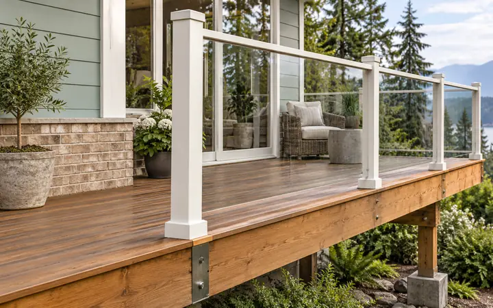 Cedar deck and transparent glass guard with light posts beside mint and brick walls.