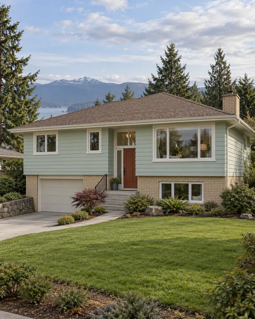 Mint-clad split-level house with a buff brick base, low brown hip roof, white trim and rust-colored entry door.