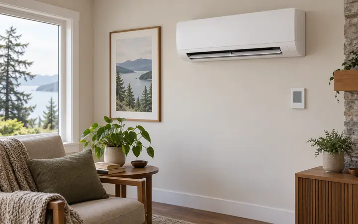 White indoor mini-split head and a simple wall controller in a light room.