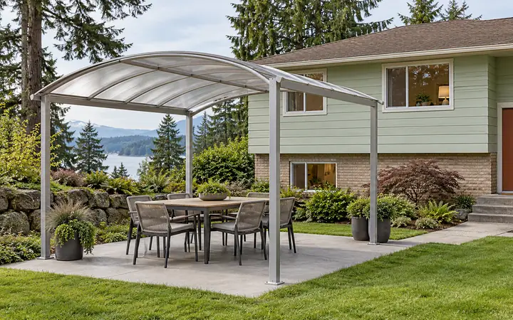 Open-sided silver shelter with a curved translucent roof above a garden patio.