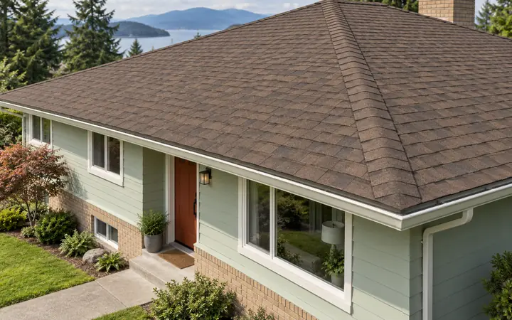 Bronze-brown shingle hip roof above mint siding and a buff brick base.