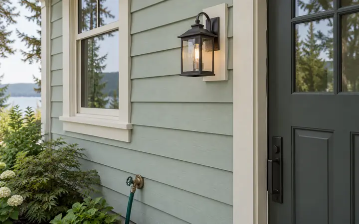 Mint lap siding with a bronze wall light on a light mounting block.