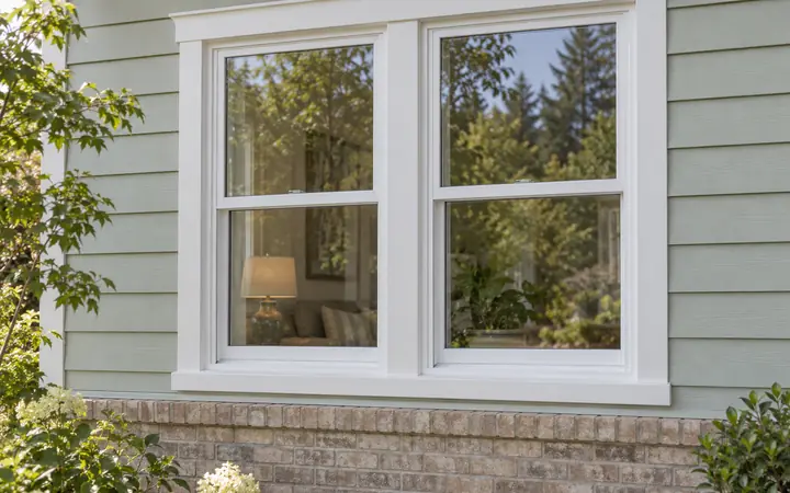White-framed window pair in mint lap siding above a buff brick lower wall.