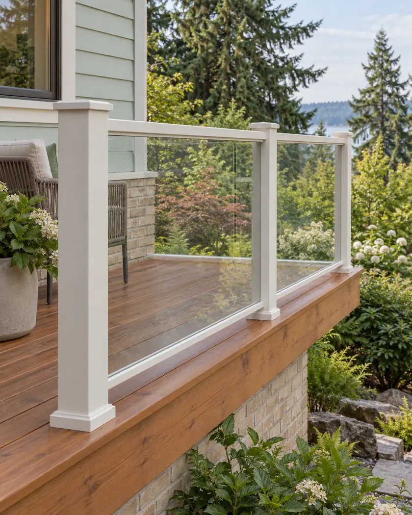 Cedar deck with a clear glass-panel guard, light posts and mint siding above a buff brick lower wall.