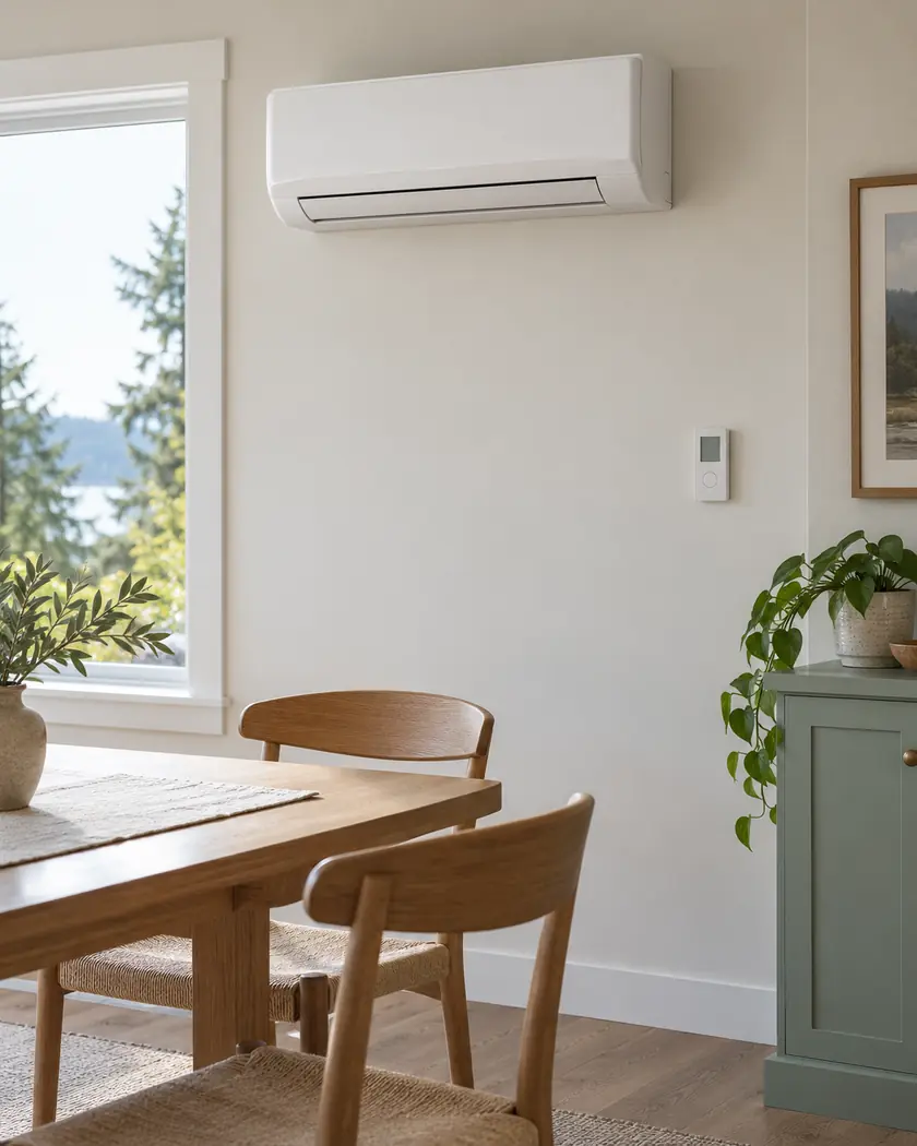 White indoor mini-split head and a simple wall controller in a light living and dining room.