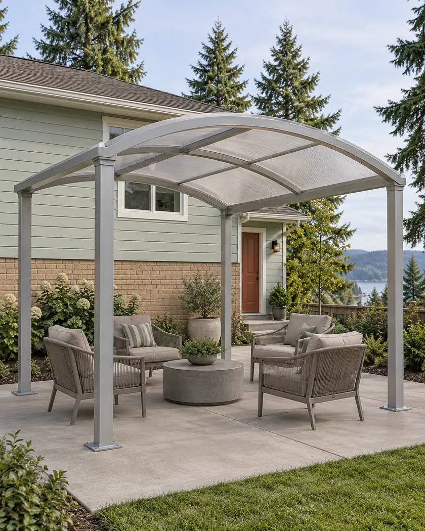 Silver arched translucent patio shelter with open sides and straight posts in a garden beside a mint and brick house.