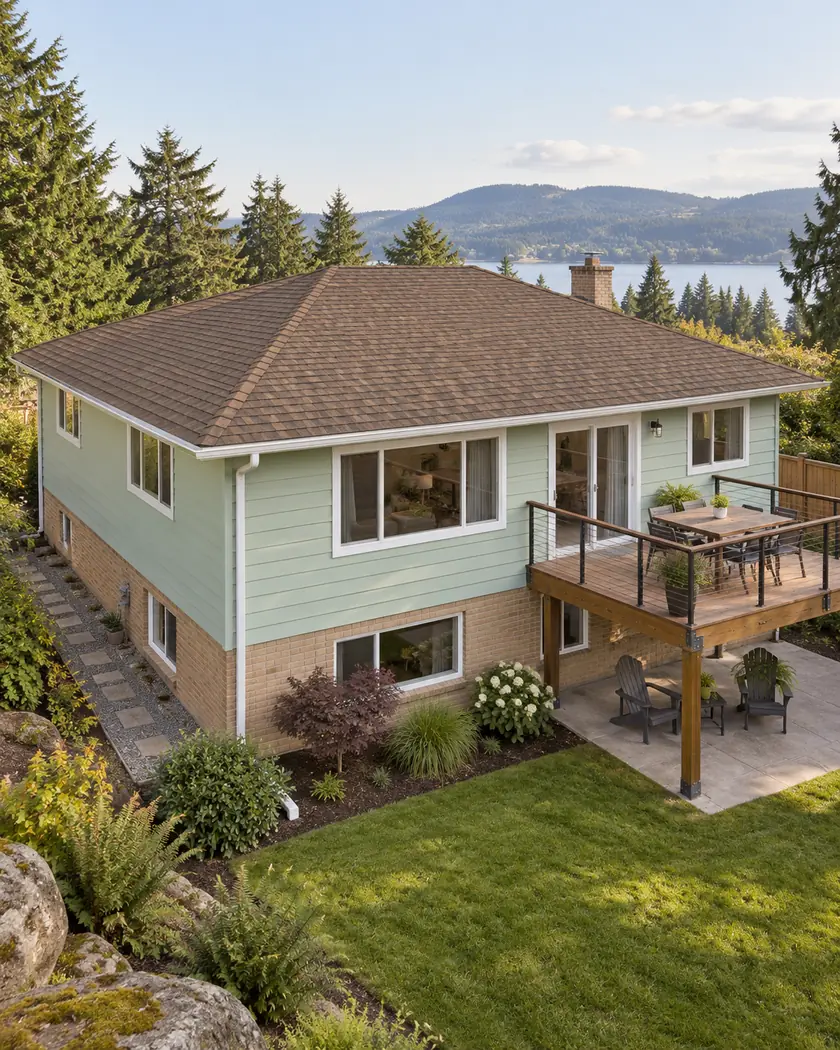 Low bronze-brown shingle hip roof above mint siding and a buff brick lower wall.