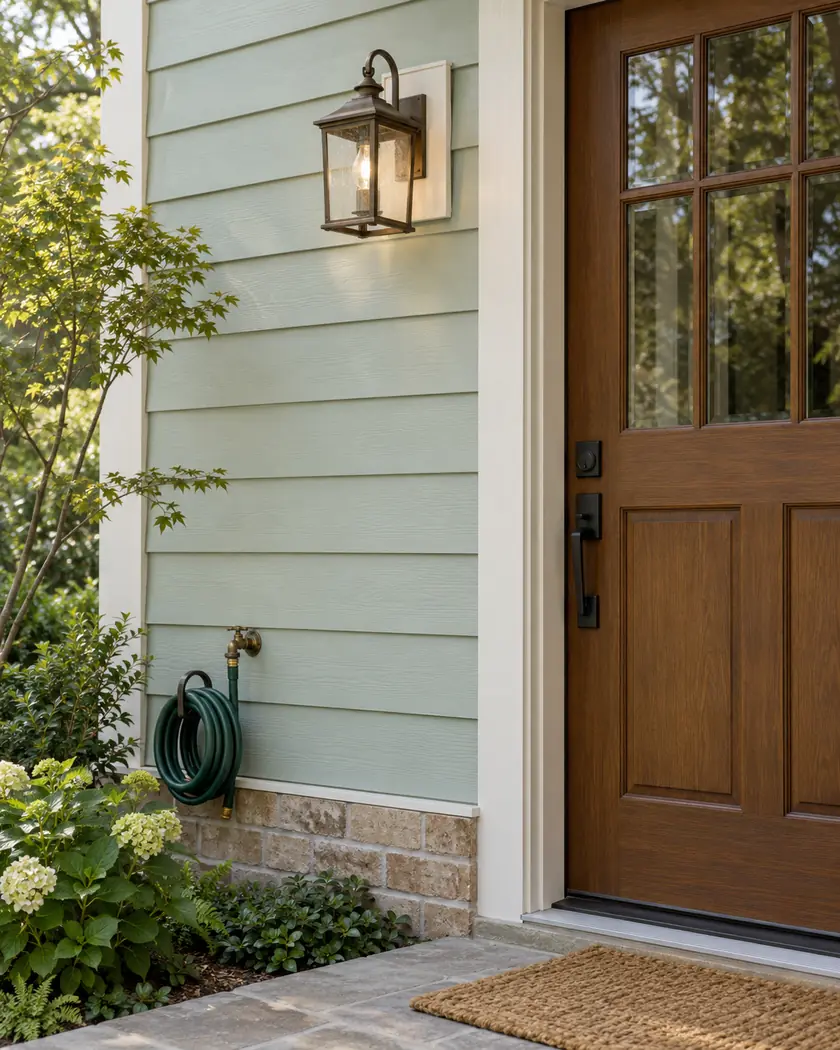 Mint lap siding with a bronze lantern on a light mounting block and a hose fixture beside a door.