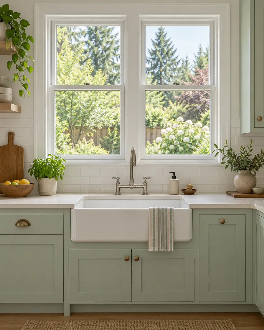 White-framed kitchen window pair above a sink and light counter with mint cabinet fronts.