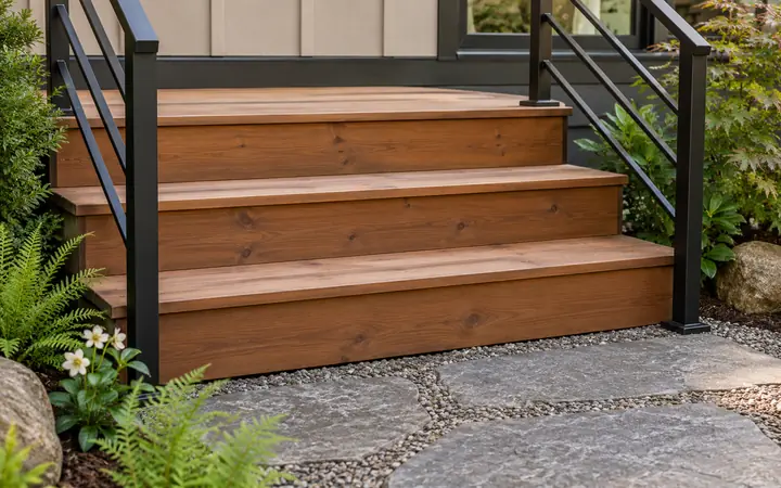 Cedar deck steps with dark rails beside a sand-colored house.
