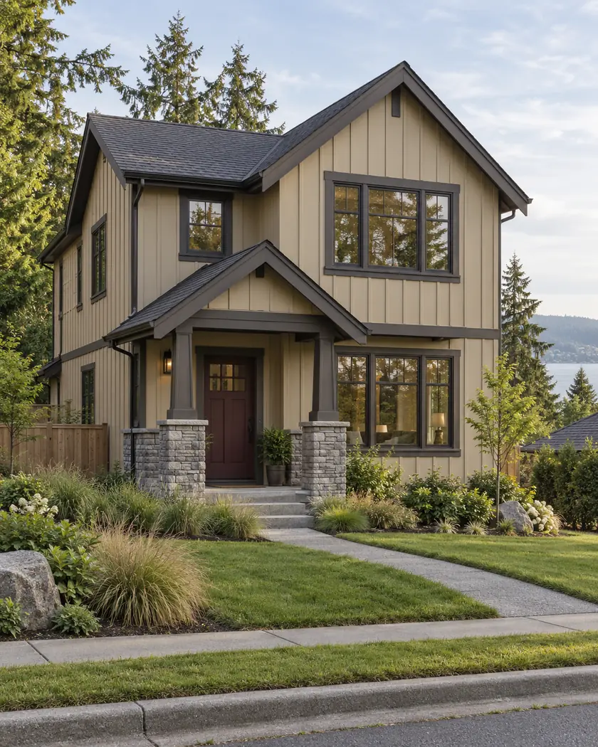 Sand-colored two-story house with charcoal trim, dark windows, a burgundy door and stone porch columns.