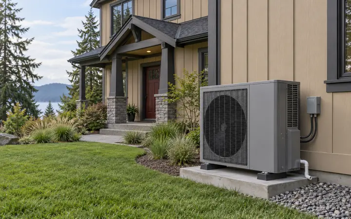 Gray outdoor heat pump on a pad beside sand-colored siding.