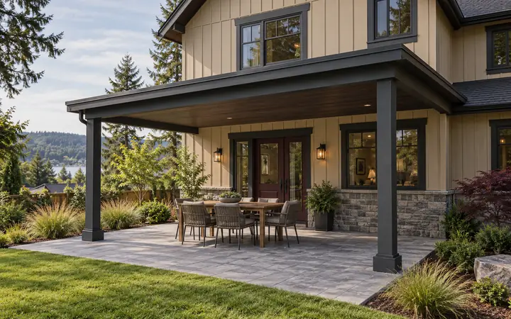 Charcoal cover above a paved patio with a table and chairs.