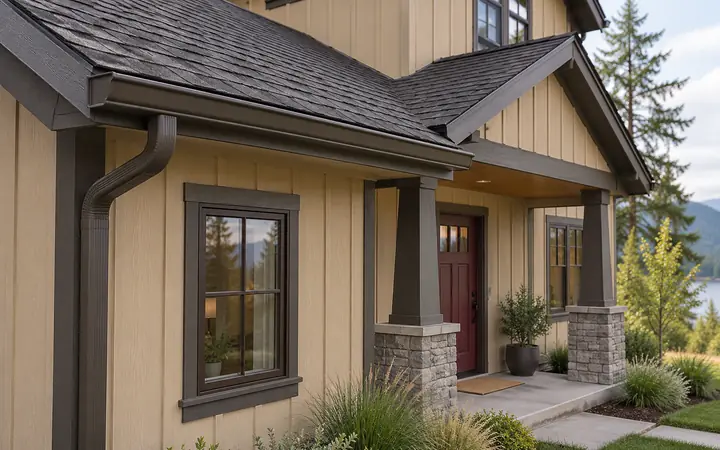 Charcoal shingles and a dark gutter above sand-colored siding.
