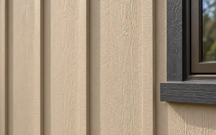 Sand-colored board-and-batten siding with charcoal window trim.