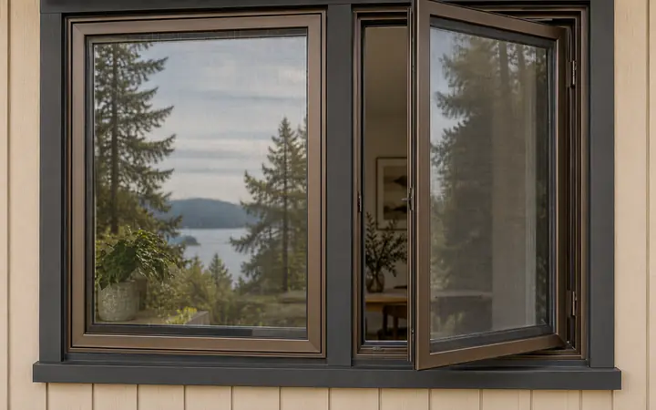 Dark bronze window pair with one open sash in a sand-colored wall.