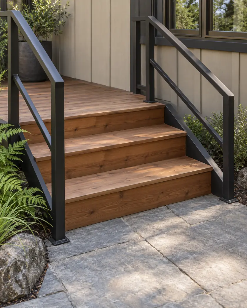 Low cedar deck with broad steps and dark rails beside a sand-colored house.
